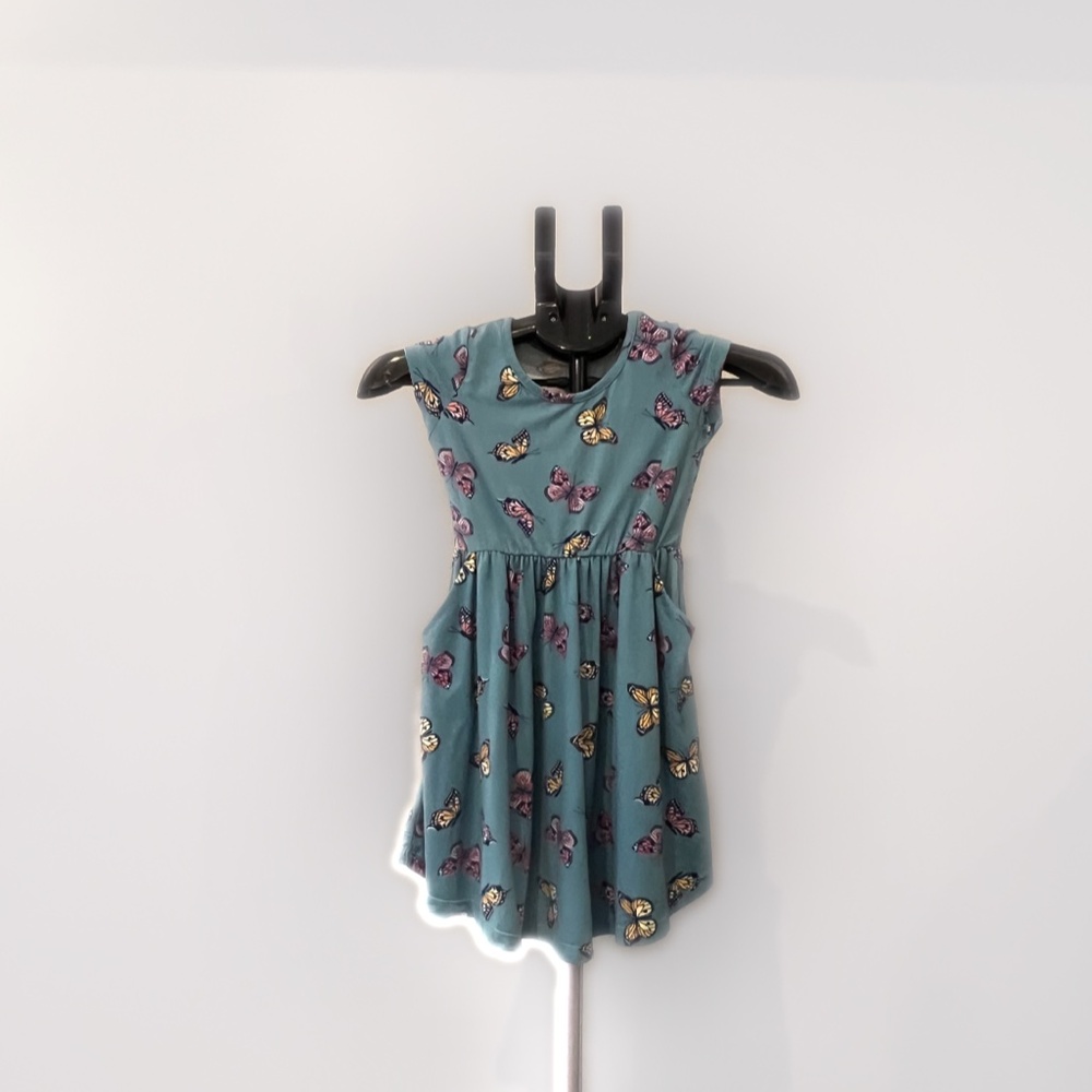 EMMA & ELSA GIRL'S DRESS -TEAL BLUE WITH PRINTED BUTTERFLIES